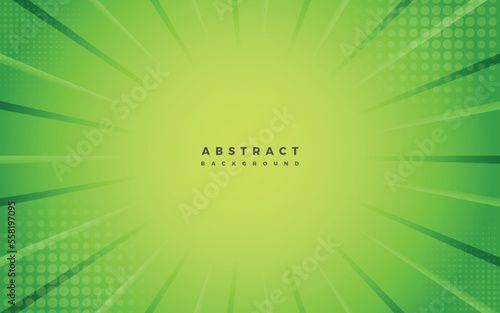 Vector comic style green background with sun brust and halftone decoration.