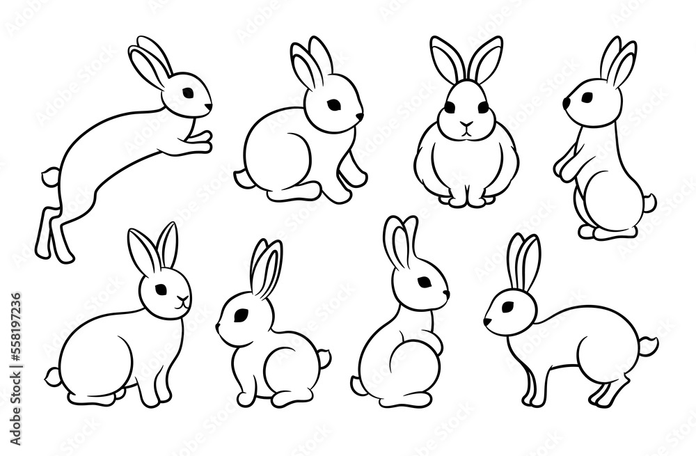 Line art rabbit set. Cute bunny jumping, sitting, running. 2023 year of the rabbit symbol. Easter spring animal logo sign. Chinese New Year. Hare silhouette isolated on white. Domestic animal pet. Line art rabbit set. Cute bunny jumping, sitting, running. 2023 year of the rabbit symbol. Easter spring animal logo sign. Chinese New Year. Hare silhouette isolated on white. Domestic animal pet.
