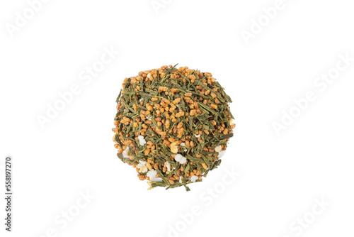 Green tea Japanese Genmaicha. Green tea mixed with roasted popped brown rice heap isolated on white background.