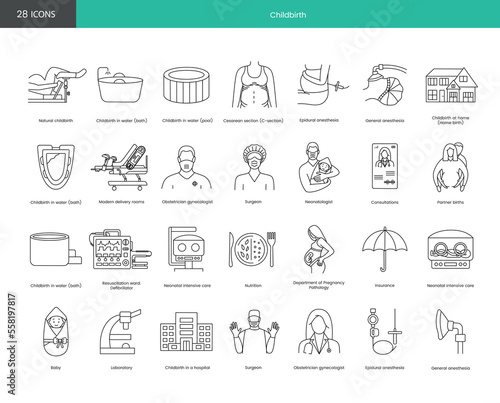 Gynecology and childbirth icon line in vector, illustration general and epidural anesthesia, obstetrician gynecologist and surgeon, hospital delivery, laboratory and resuscitation of a child.