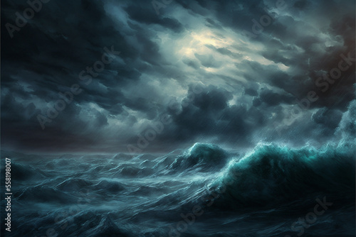 Illustration of waves - storm over the ocean - Created with Generative AI Technology