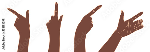 Set of hands showing direction. Gesturing hands. Forefinger sign. Open hand