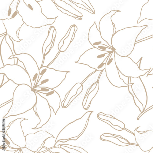 Lilly hand drawn flower with leaves, line art seamless pattern for textile or background