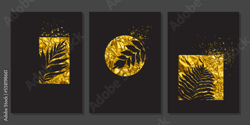 Set of luxury gold wall art. Geometric golden foil elements, leaf stamps, tropical plant, fern branches ,leaves. Abstract minimalist art mural
