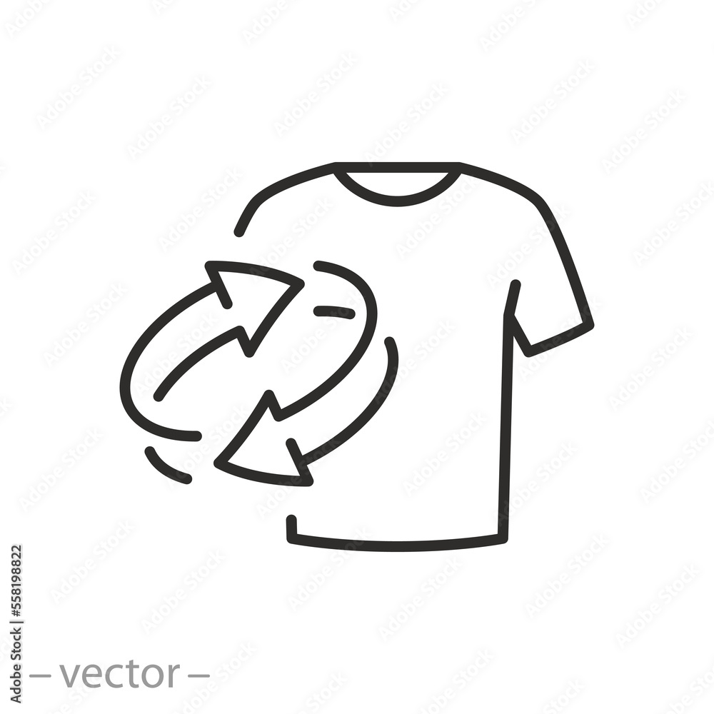 recycle clothes icon, tee with arrows rotation, circular reuse textile, thin line symbol on white background - editable stroke vector illustration