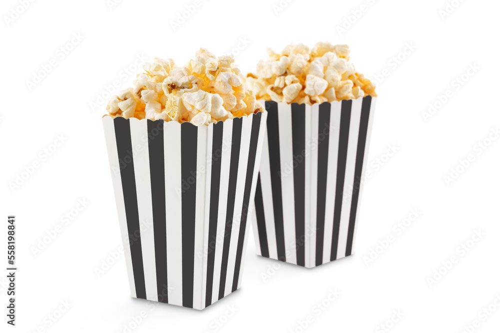 Two black white striped carton buckets with tasty cheese popcorn, isolated on transparent background, PNG. Movies, cinema and entertainment concept. Two black white striped carton buckets with tasty cheese popcorn, isolated on transparent background, PNG. Movies, cinema and entertainment concept.