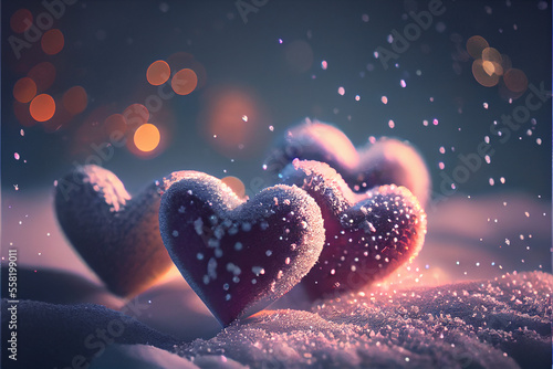  Valentines day concept. Hearts sitting on top of a snow covered ground, generative AI