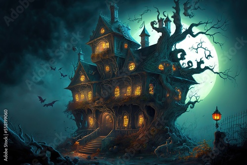 Halloween haunted house with ghosts and goblins