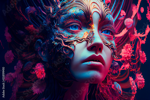  Beautiful woman surreal portrait with flowers and butterflies. Generative AI.
