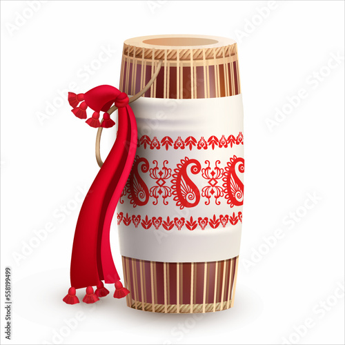 Assamese drum (dhol, onoinya) decorated with gamosa (ornamental body wipe) isolated on white. Traditional attribute for festivals (Bhogali, Kongali, Magh Bihu). Vector. photo