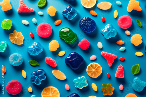 assorted jelly gum fruit candy on blue background top view. Generative AI. photo