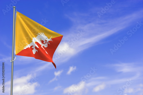 Kingdom of Bhutan Flag Over Blue Sky Background. 3D Illustration