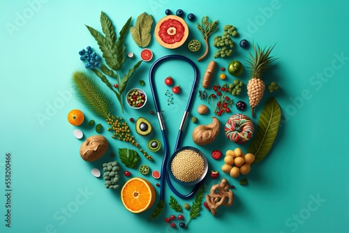 Natural dietary medicine with healthy food and stethoscope on blue background. Top view. Landscape composition photo