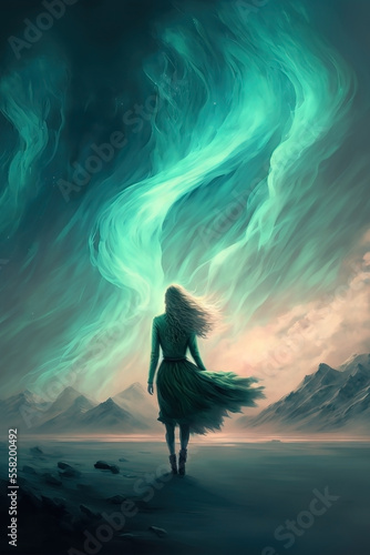 Woman walking away with hair and dress blowing in the wind, in front of a fantasy landscape and aurora boreal sky.