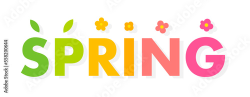 Spring is here. Colorful word banner with flowers and leaves vector illustration.
