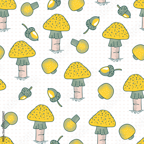 Fall Garden Yellow Mushrooms Vector Seamless Pattern