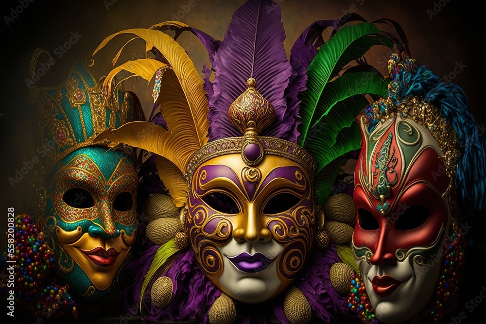 Mardi Gras celebration with colorful floats and masks