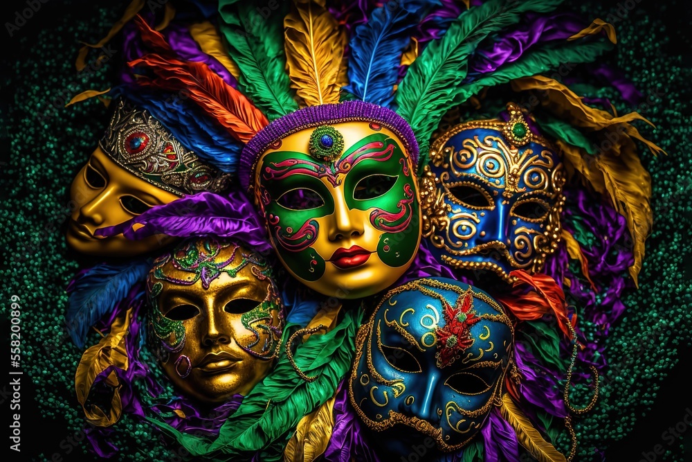 Mardi Gras celebration with colorful floats and masks