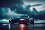 Futuristic sports car on drak dramatic cloudy environment.  car riding on high speed in the night.  Generative AI.