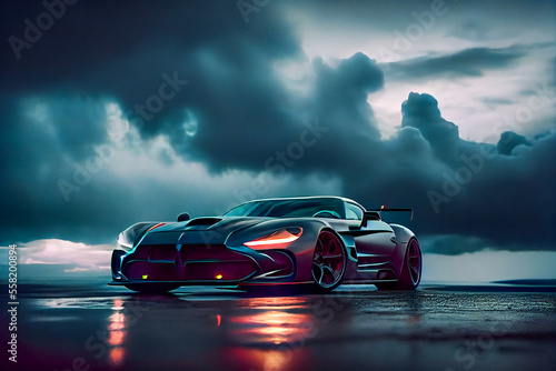 Futuristic sports car on drak dramatic cloudy environment.  car riding on high speed in the night.  Generative AI. © EwaStudio