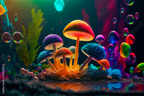 Psychedelic Decorative mushrooms.  Image created with Generative AI technology.