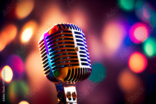 Retro Microphone On Stage With Bokeh Light. Generative AI.