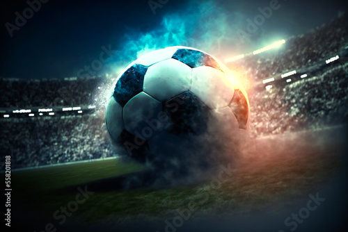 Soccer ball in the stadium.  Image created with Generative AI technology. © EwaStudio