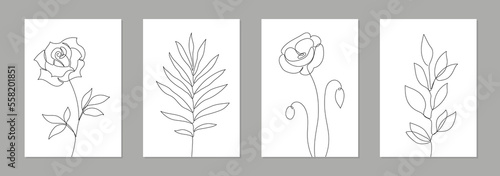 One line art flower poster set. Single continuous line leaf, flower minimal design background. Botanical abstract art for print, wallpaper. Vector illustration