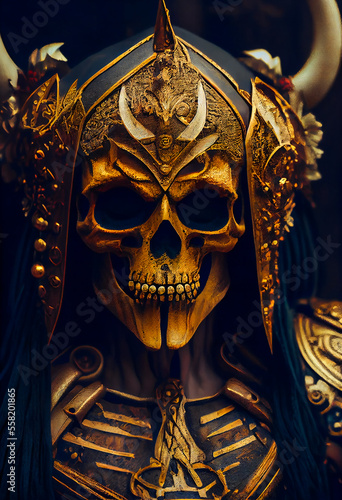 Spartan warrior skull in helmet.  skull viking fighter.  Generative AI.