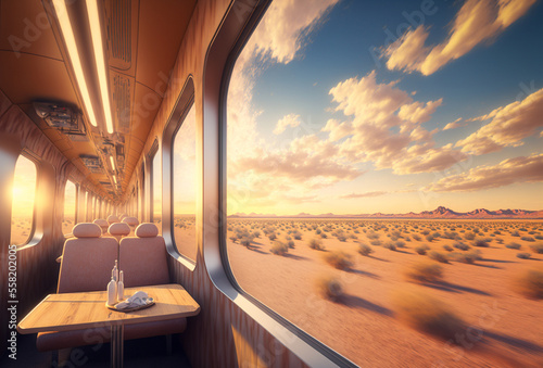 View from modern train window on sandy desert at sunset in summer. Generative AI. Landscape with seats and tables in train wagon, beautiful view on sand, bushes, blue sky with clouds. Art © Images from Dreams