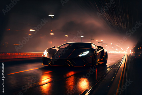 Sports car racing in the night. Generative AI.
