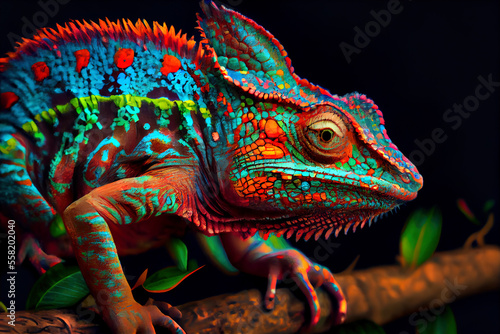 Fototapeta Close up of a brightly colored chameleon. Psychedelic and vibrant animal artwork. Beautiful multicolor scales. Generative AI.