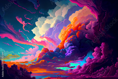 Vibrant multicolor clouds of various shapes and sizes floating in the evening sky. Fantasy psychedelic artwork. Generative AI. photo