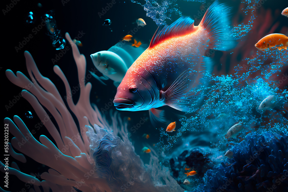 Underwater wild world. Tropical fishes. Image created with Generative AI technology. Underwater wild world. Tropical fishes. Image created with Generative AI technology.