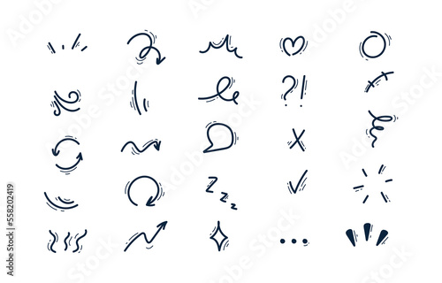 Set of hand-drawn cartoon expression sign doodle line stroke. Movement drawing effect  curve express directional arrows character emotion symbols  emoticon effects design elements.