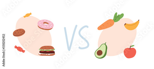 Healthy and unhealthy food Concept. Choice between nutrition. Fastfood, snack, sweet and fat eating versus fructs set. Flat vector illustration photo