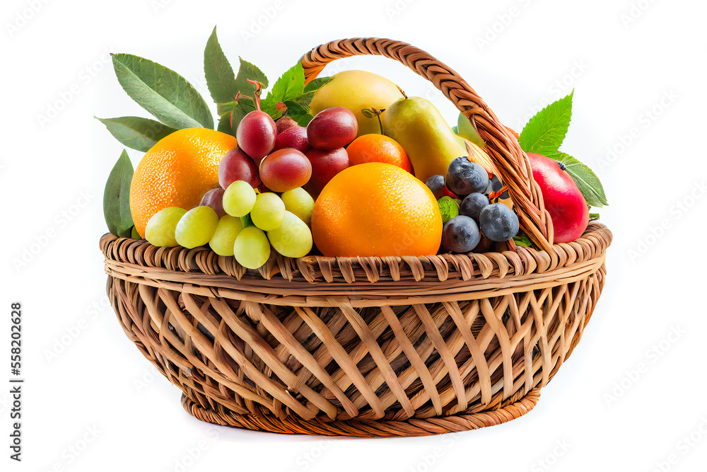 Composition with variety of fruits and wicker basket isolated on white. Generative AI. Composition with variety of fruits and wicker basket isolated on white. Generative AI.