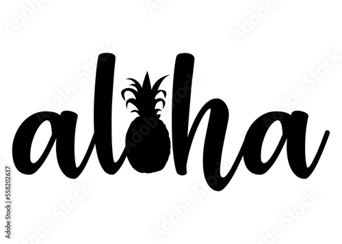 Logo destino de vacaciones. Letras de la palabra hawaiana aloha en texto manuscrito con silueta de piña en lugar de letra o photo