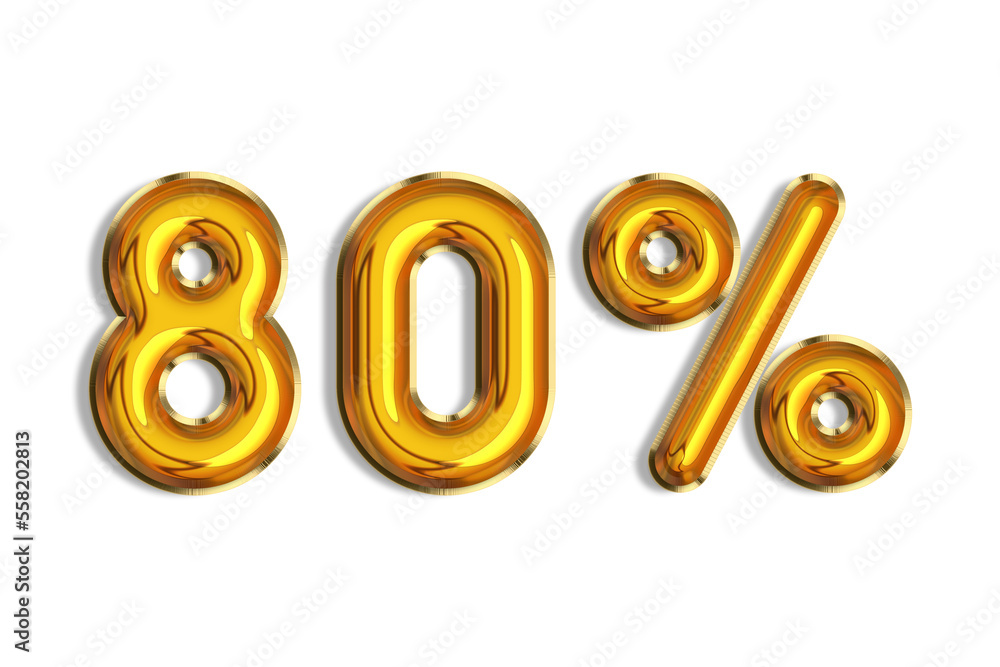 80% off discount promotion sale made of realistic 3d gold helium balloons. Illustration of golden percent symbol for selling poster, banner, ads, shopping concept. Numbers isolated on white background 80% off discount promotion sale made of realistic 3d gold helium balloons. Illustration of golden percent symbol for selling poster, banner, ads, shopping concept. Numbers isolated on white background