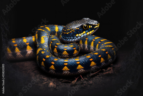  close up of a snake on a black background.  Generative AI.