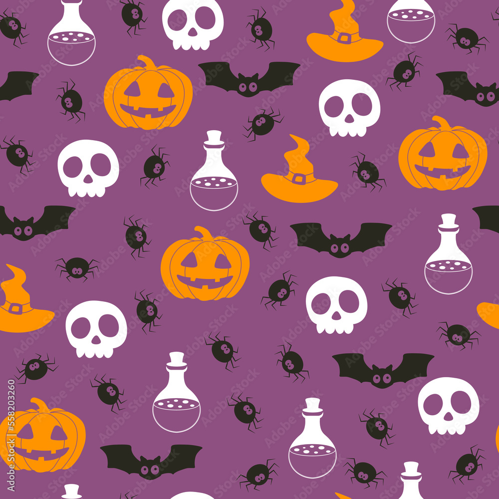 Vector Halloween pattern with bat,skull,Halloween pumpkin,spider,potion flask.Use for event invitation,discount voucher,advertising,greeting card,logo,packaging,textile,web