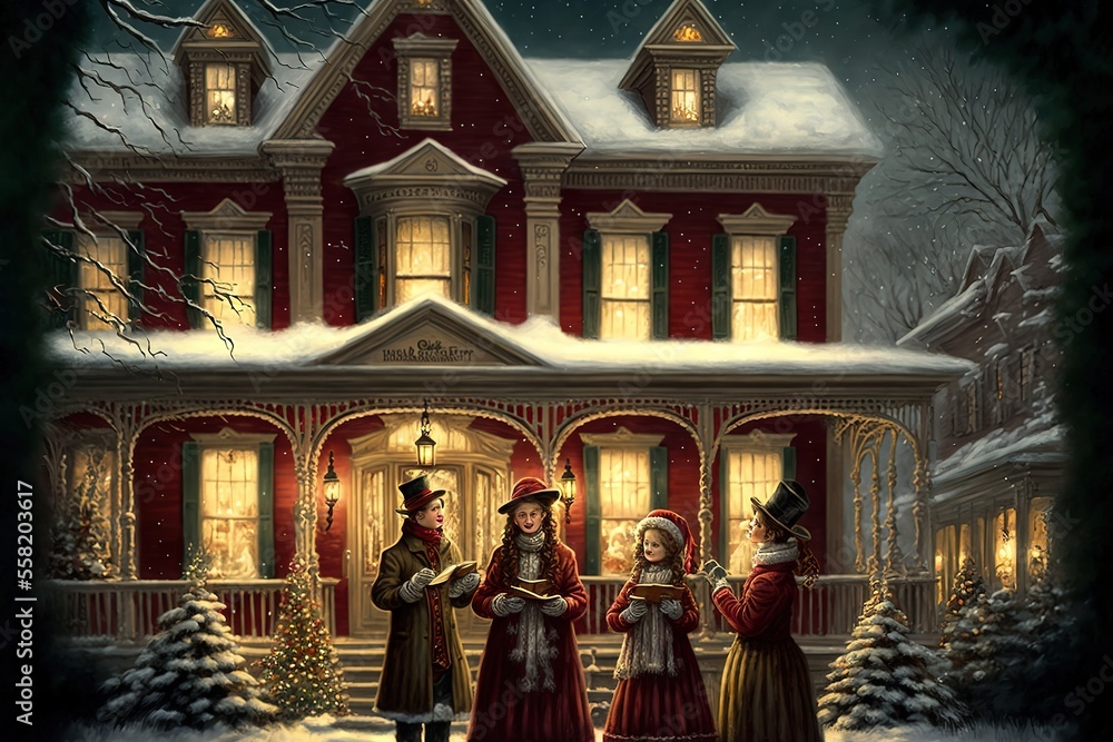Christmas carolers singing in front of a decorated house