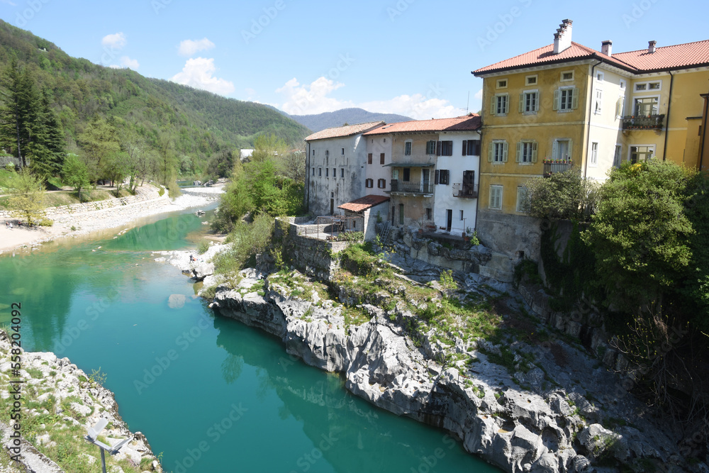 View of Soča river from bridge in town Kanal in Slovenia