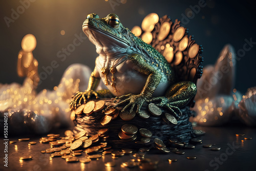 Abstract picture of the Chinese Feng Shui lucky money frog with coin. Generative AI. Wellness and rich concept.