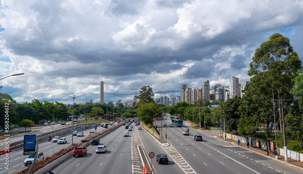 Sao Paulo, Brazil, traffic on the highway and the cityscape