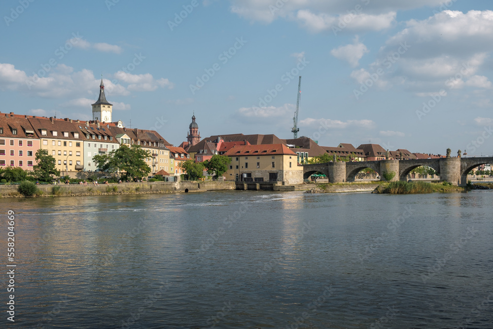 View from the bank of the river  Main to the city Würzburg in Germany with the old main bridge.