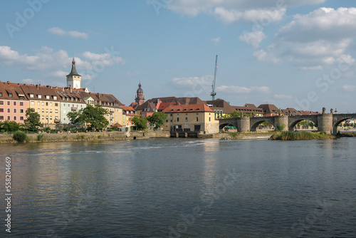 View from the bank of the river Main to the city Würzburg in Germany with the old main bridge.