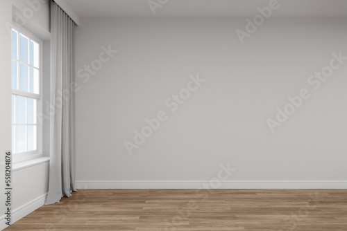 Empty white wall with window. 3d rendering of interior living room with sky background.