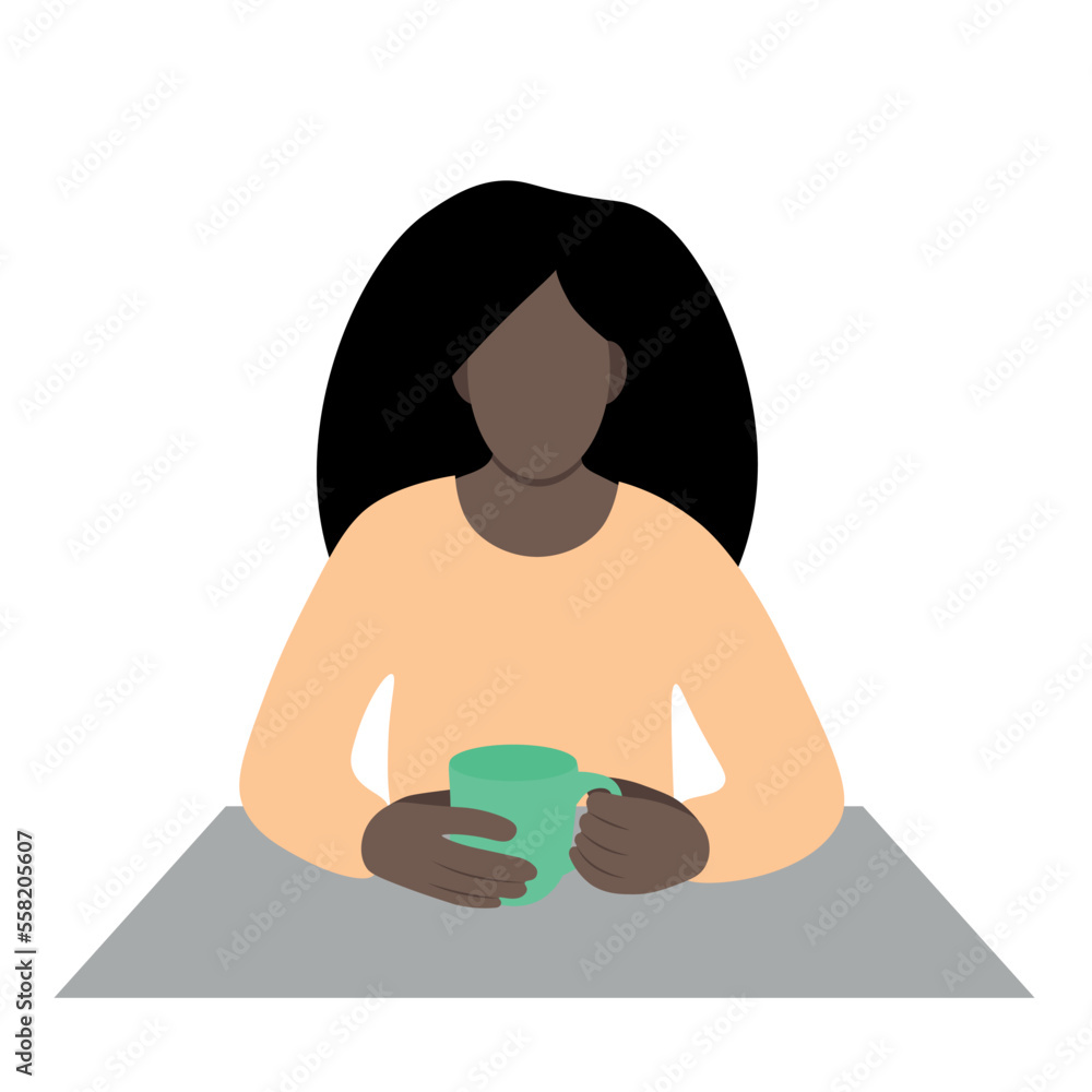 Portrait of a black girl with a cup in her hands at the table, flat vector, isolate on white, faceless illustration Portrait of a black girl with a cup in her hands at the table, flat vector, isolate on white, faceless illustration