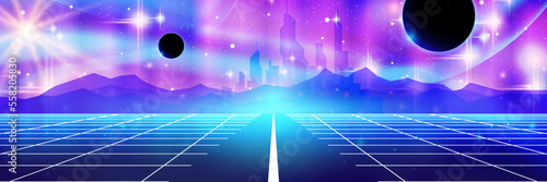 Futuristic extraterrestrial city vector concept illustration. Future town silhouette on sky background. Web banner  header design template 